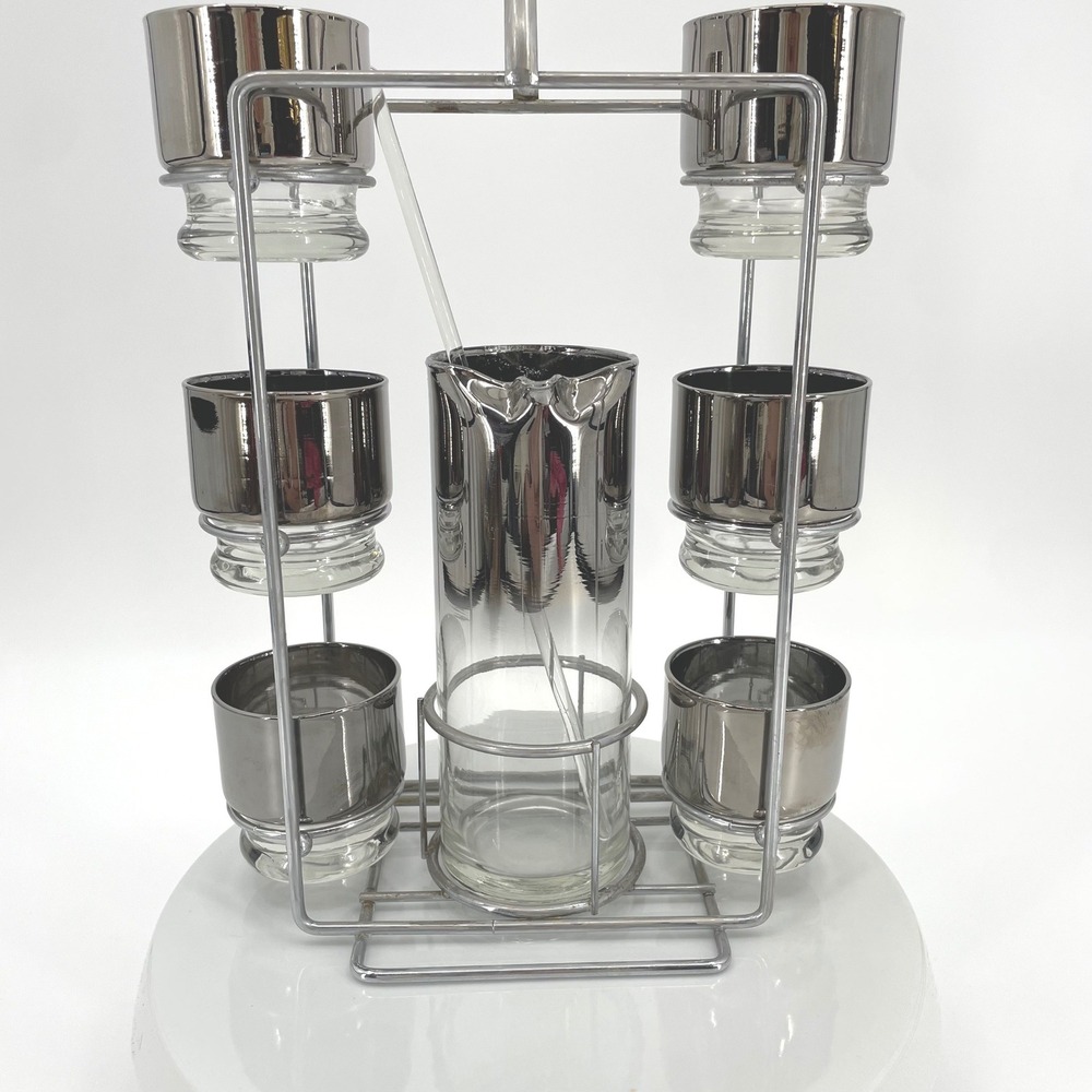 VTG MCM Dorothy Thorpe Style Cocktail‎ Set Silver Ombre Pitcher 6 Glasses Caddy